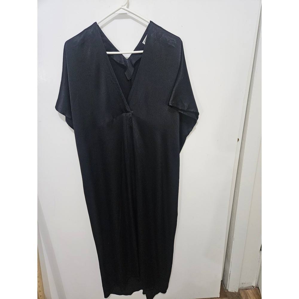 Zara Black Satin V-Neck Midi Kaftan Dress Short Sleeve 9479/254 XS-S